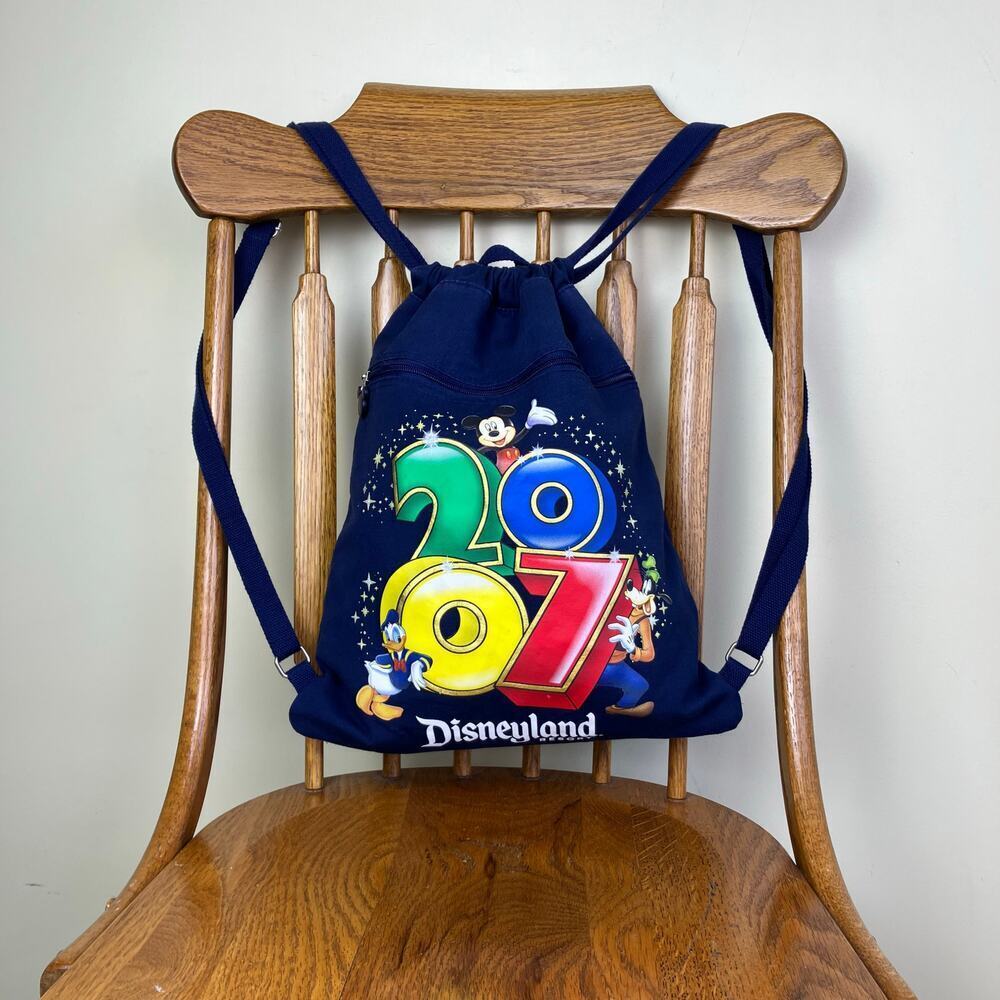 Disneyland 2007 Drawstring Canvas Backpack Navy Printed Mickey Goofy Donald